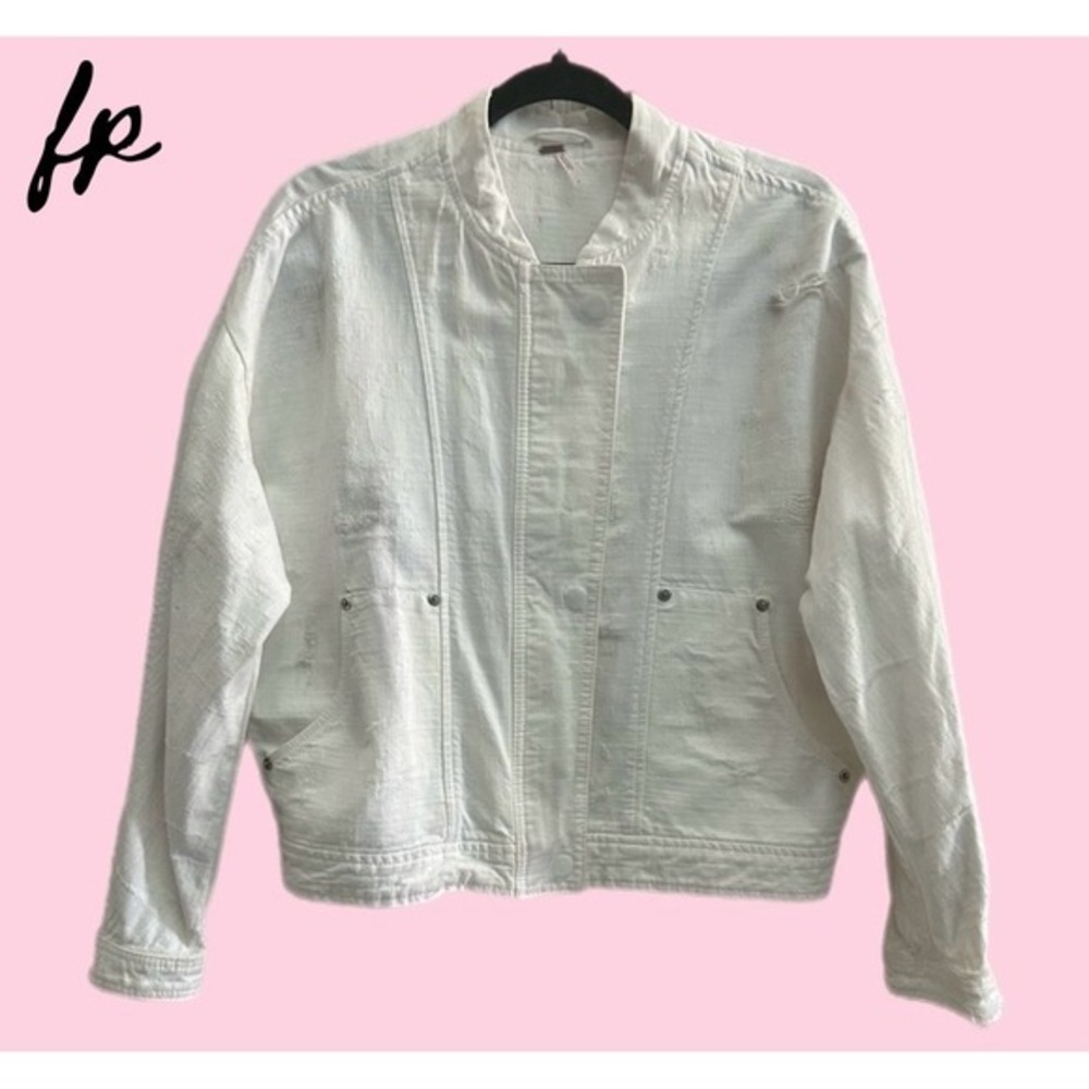 Free People Womens Distressed Utility Jacket Cream White Boho Casual Size M